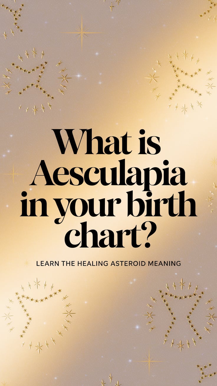 ‘What Is Aesculapia in Your Birth Chart?’ — bold serif font, centered, clean white background with subtle celestial symbols; bottom caption: ‘Learn the healing asteroid meaning’