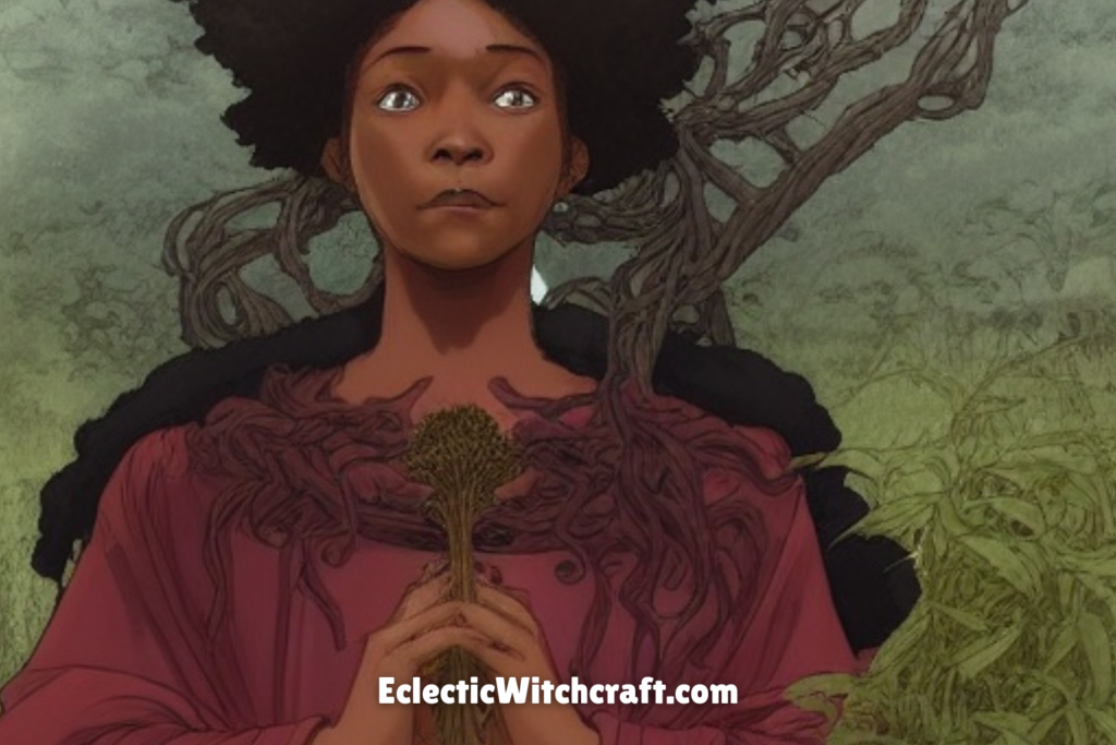 Black woman with natural hair in a botanical forest scene, overgrown forest, cartoon illustration, holding herbs in her hand, roots all over, red dress
