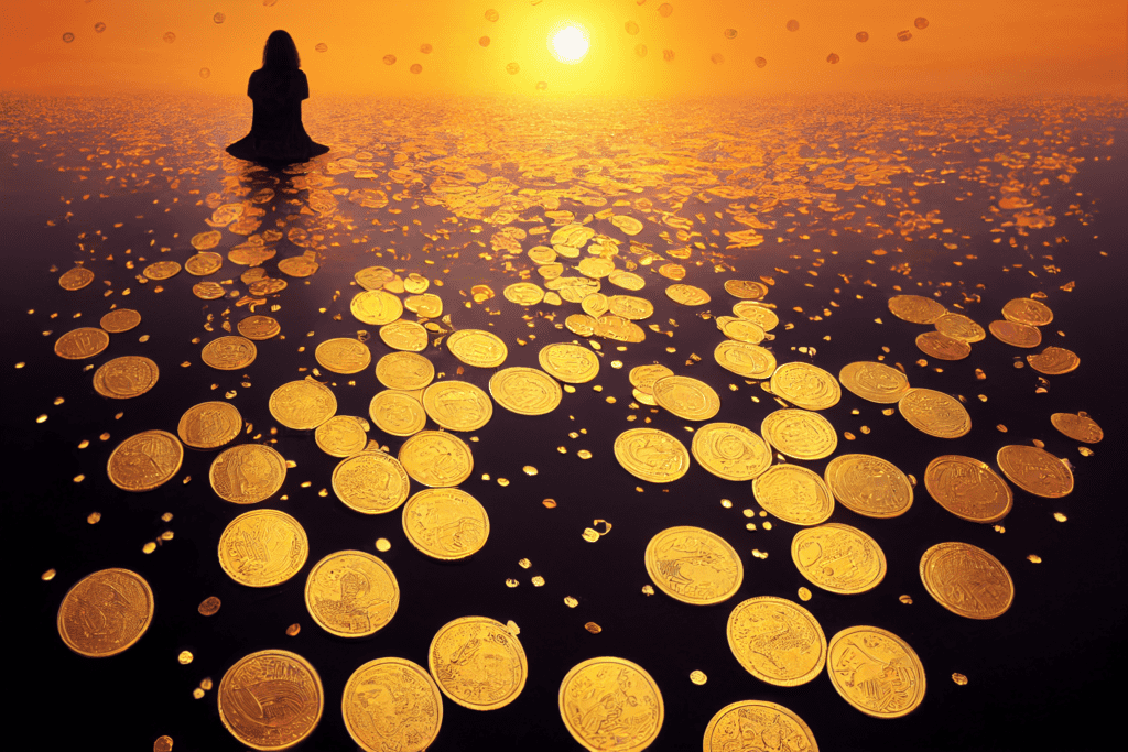A woman sitting in water surrounded by gold coins at sunset. The water is black. Gold coins fall from the heavens.