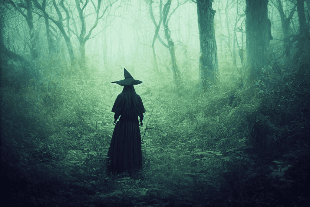 Witch in all black in the woods
