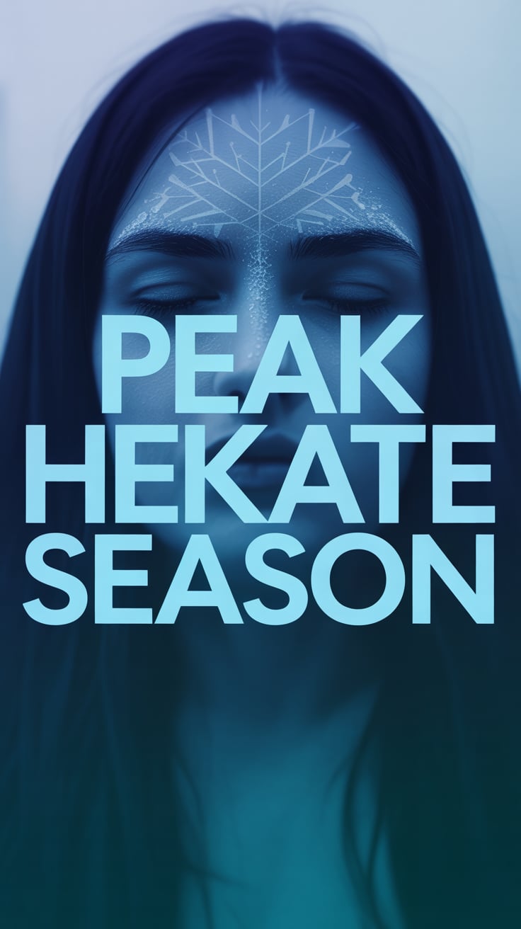 The phrase "PEAK HEKATE SEASON" appears in modern geometric lettering across the center of the photo. Behind it, a navy blue to deep teal gradient with subtle snowflake patterns creates an seasonal, mystical atmosphere. The ice blue text stands out clearly, making it instantly readable at a glance.