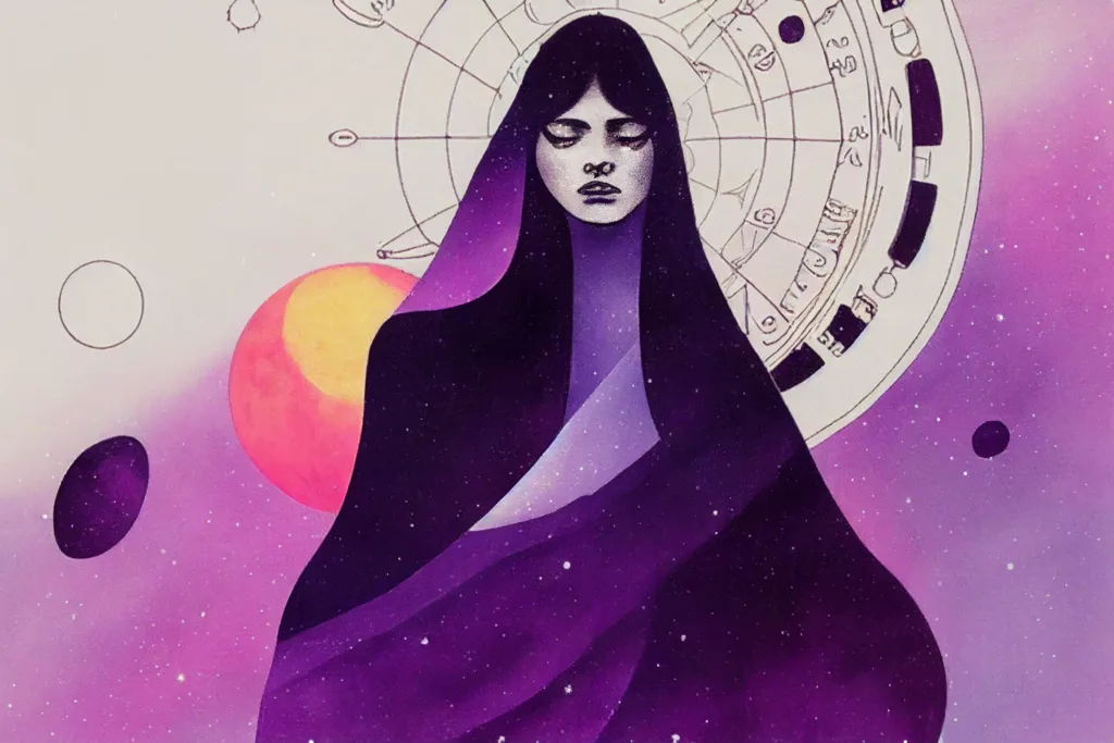 astrology girl in space, the high priestess tarot, magical woman, female wizard, gritty black and white with a pop of "lavender purple"