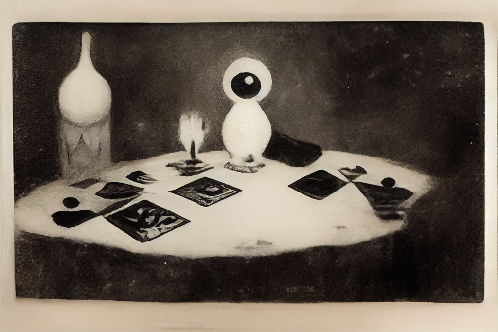 The fool tarot card and combinations for tarot interpretation. Tarot cards on a spooky table.