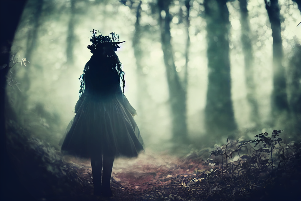 Young witch in an ethereal forest