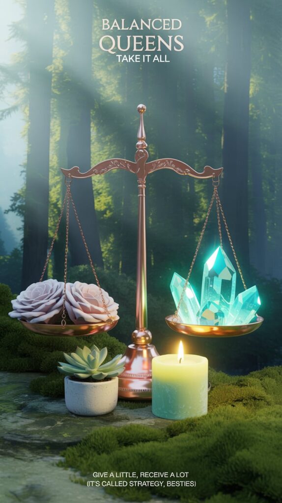⚖️ The Empress & Justice Balance: ⚖️ A perfectly arranged flat lay featuring a feminine copper scale with soft rose petals on one side and sparkling emerald crystals on the other. A matcha-colored candle burns beside a dainty potted succulent. Bold ruby text in an elegant serif font declares "BALANCED QUEENS TAKE IT ALL" at the top with "Give a little, receive a lot (it's called strategy, besties)" at the bottom. The ultimate feminine power move!