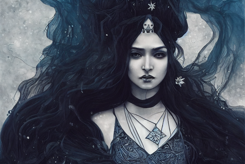 The High Priestess tarot card combinations.  the high priestess tarot, magical woman, female wizard, gritty black and white with a pop of "baby blue"