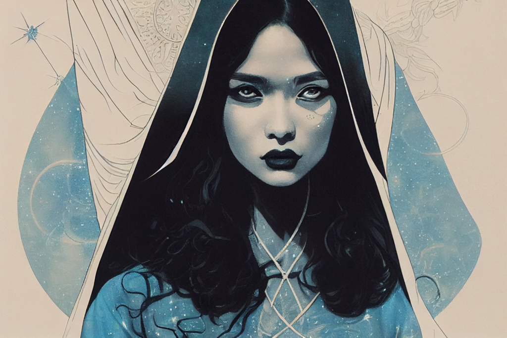 The High Priestess tarot card combinations.  the high priestess tarot, magical woman, female wizard, gritty black and white with a pop of "baby blue"