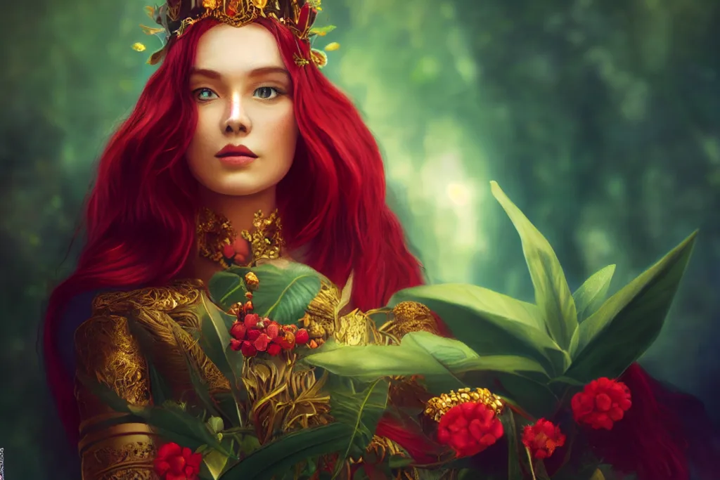 The empress and your loving relationship. Midjourney prompt: regal empress, beautiful woman on a throne full body from afar, red hair, green eyes, peaceful smile, pregnant, surrounded by fertility, cornucopia, greenery, lush plants, house plants, cats, pomegranates, beautiful chromatic colors