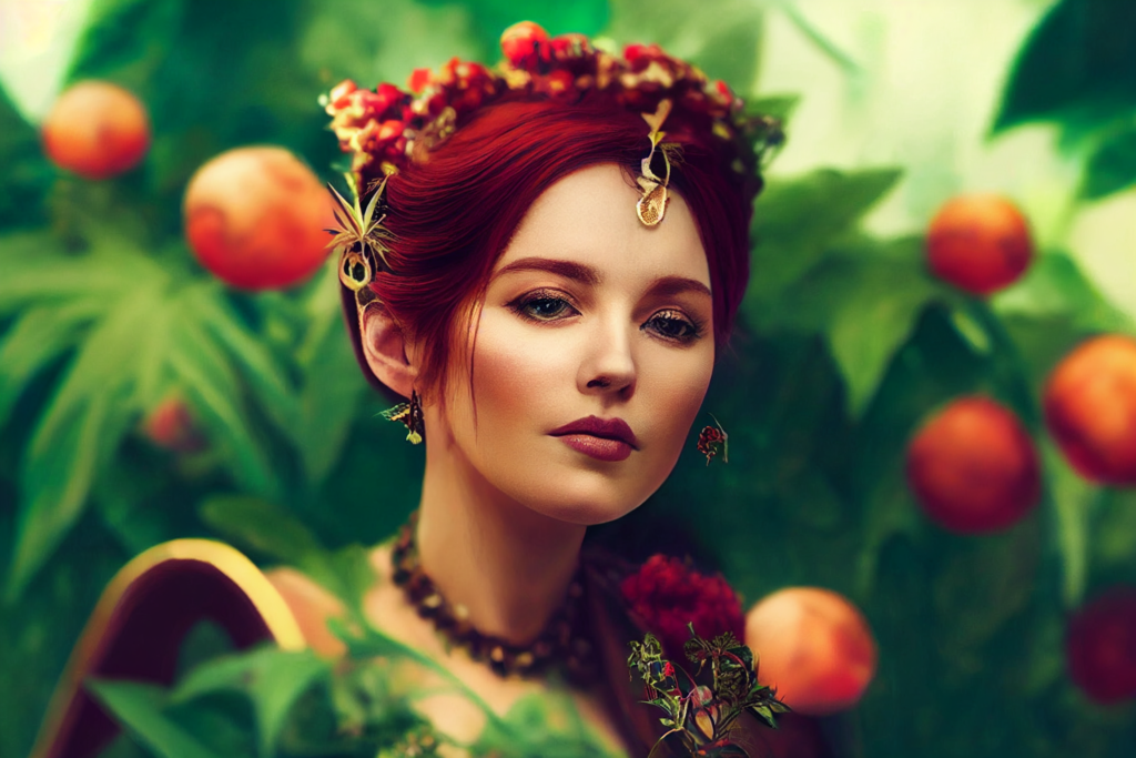 The empress in tarot card decks. Midjourney prompt: regal empress, beautiful woman on a throne full body from afar, red hair, green eyes, peaceful smile, pregnant, surrounded by fertility, cornucopia, greenery, lush plants, house plants, cats, pomegranates, beautiful chromatic colors