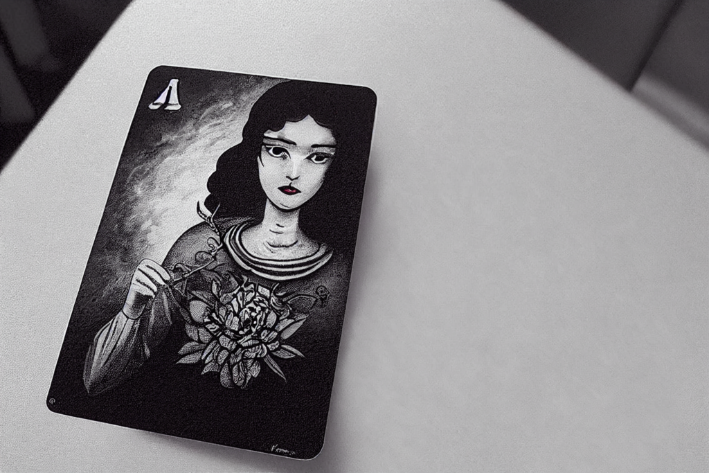 The fool tarot card and combinations for tarot interpretation. Woman with lotus flower on a tarot card in black and white.
