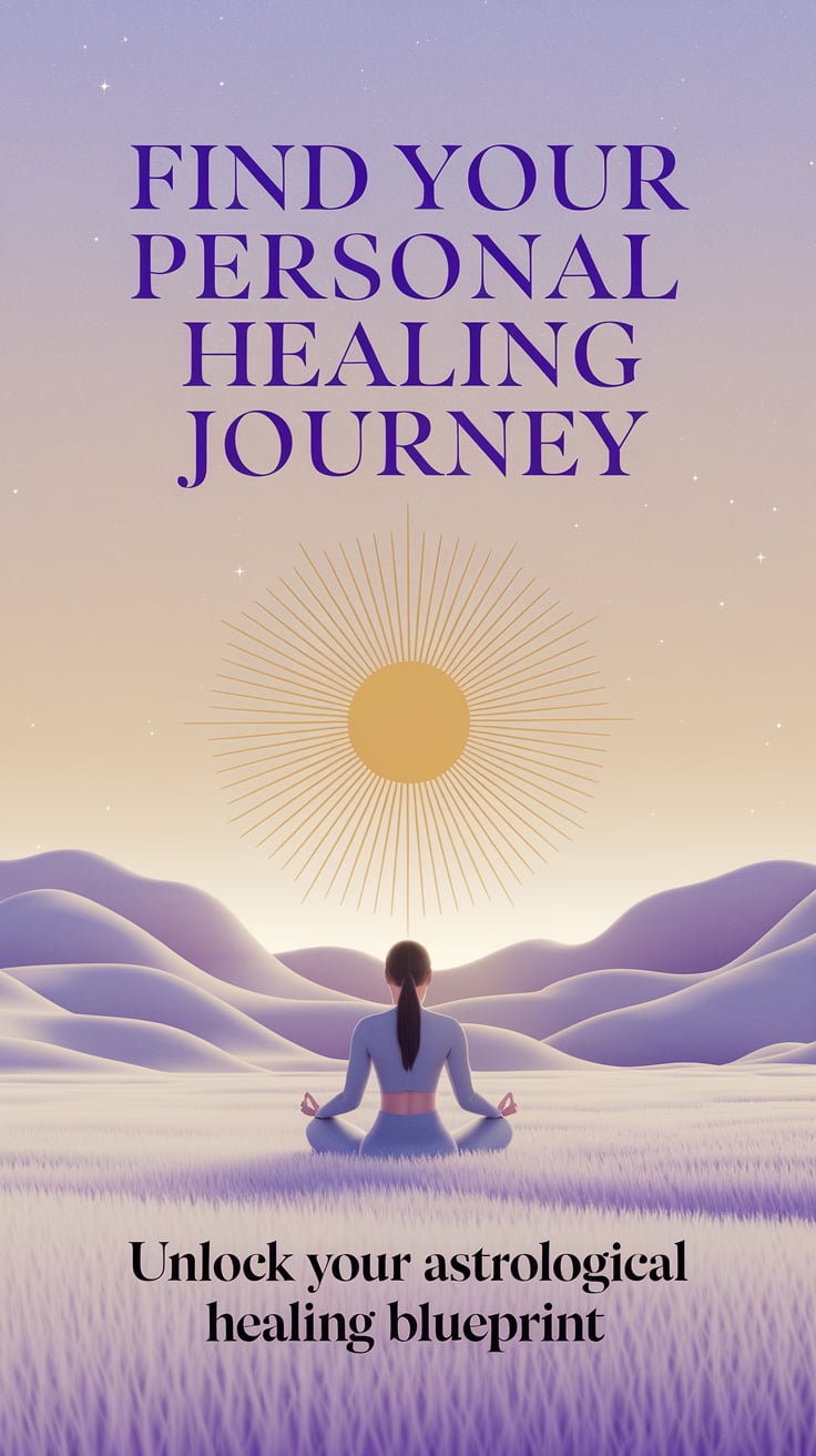 Unlock your astrological healing blueprint ‘Find Your Personal Healing Journey’ — bold serif font, top, soft pastel purple, imagery of gentle healing work; bottom caption: ‘Unlock your astrological healing blueprint’