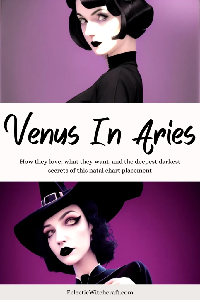 Venus in Aries: How they love, what they want, and the deepest darkestsecrets of this natal chart placement. Goth girl in witch hat with purple background. Pale skin black lipstick.
