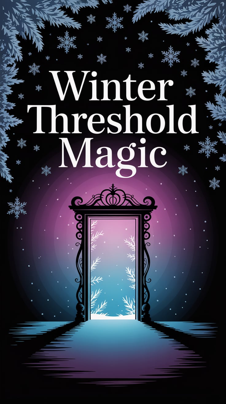 The phrase "WINTER THRESHOLD MAGIC" appears in modern sans-serif lettering across the upper third of the photo. Behind it, a soft purple-to-black gradient with minimalist door frame silhouette creates an inviting, mysterious atmosphere. The white text stands out clearly, making it instantly readable at a glance.