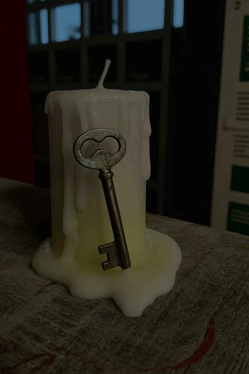 Iron skeleton key embedded in melted candle wax shows how sympathetic magic works with material correspondence. Iron signals boundaries and protection across magical traditions. Keys represent access and control. When you bind them together with wax from a ritual candle, you're layering symbolic associations into a physical object your nervous system reads as "this guards what I need protected."