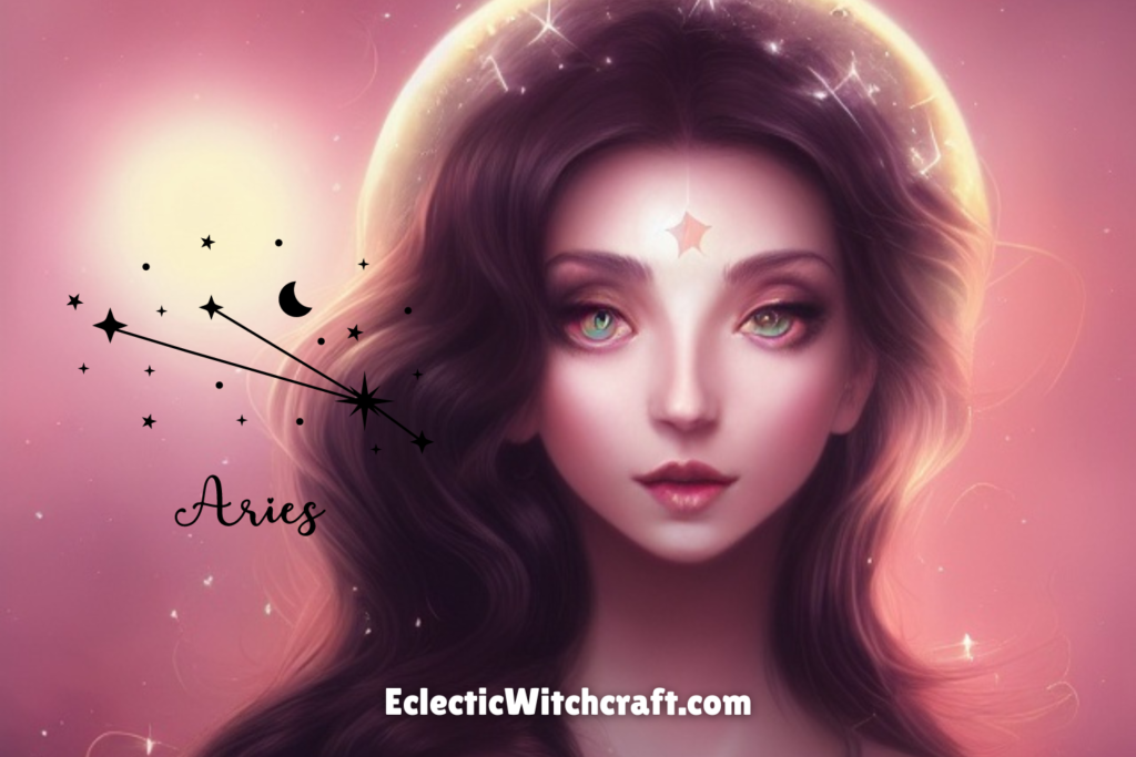 Venus In Aries. Beautiful woman illustration space background.