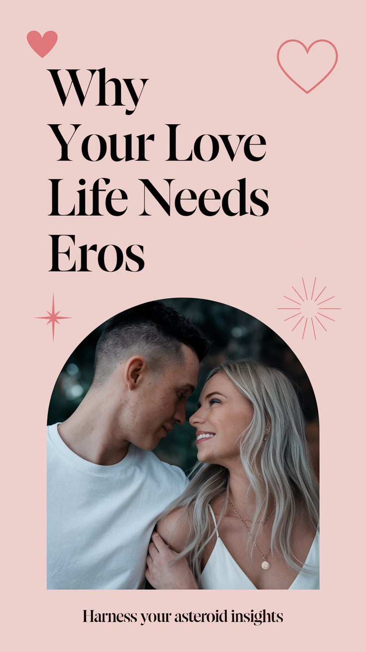 Why Your Love Life Needs Eros ‘Why Your Love Life Needs Eros’ — clean serif, mid-screen, soft blushes and cosmic blues, subtle heart and star icons; bottom caption: ‘Harness your asteroid insights’
