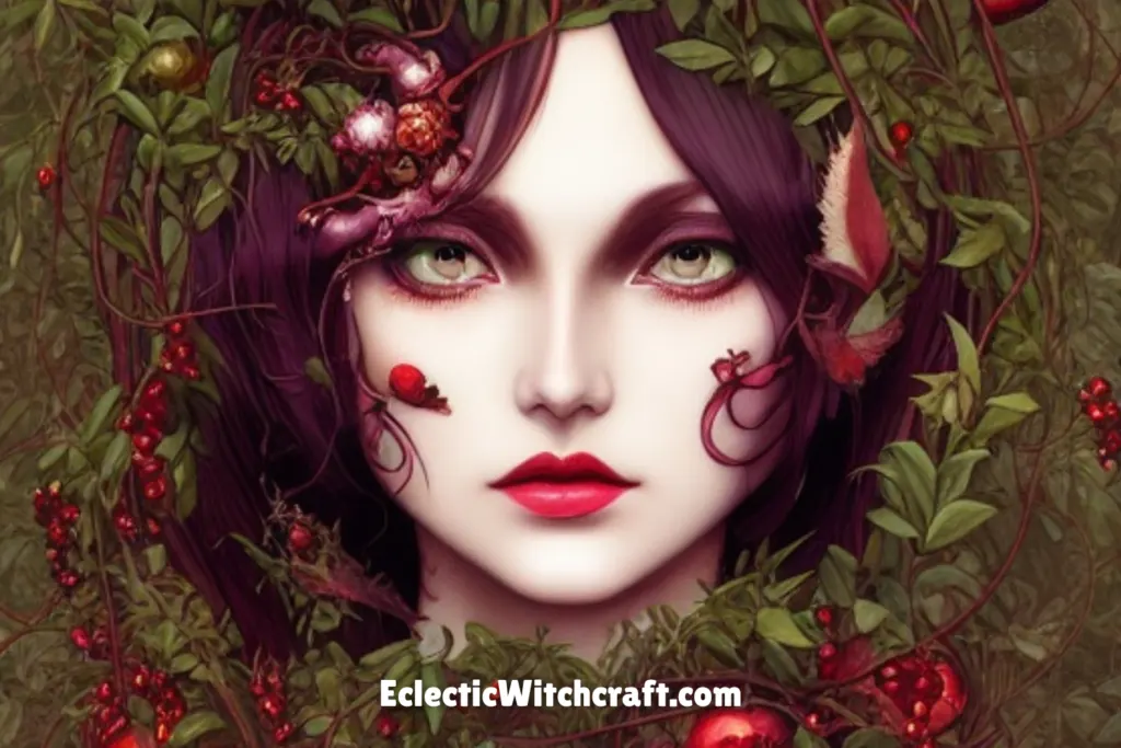 Wood nymph illustration, pomegranate and vines, red lipstick