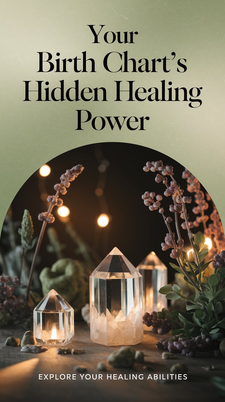 Your Birth Charts Hidden Healing Power ‘Your Birth Chart’s Hidden Healing Power’ — bold serif font, top third, muted greens with soft glow, crystals and herbs; bottom caption: ‘Explore your healing abilities’