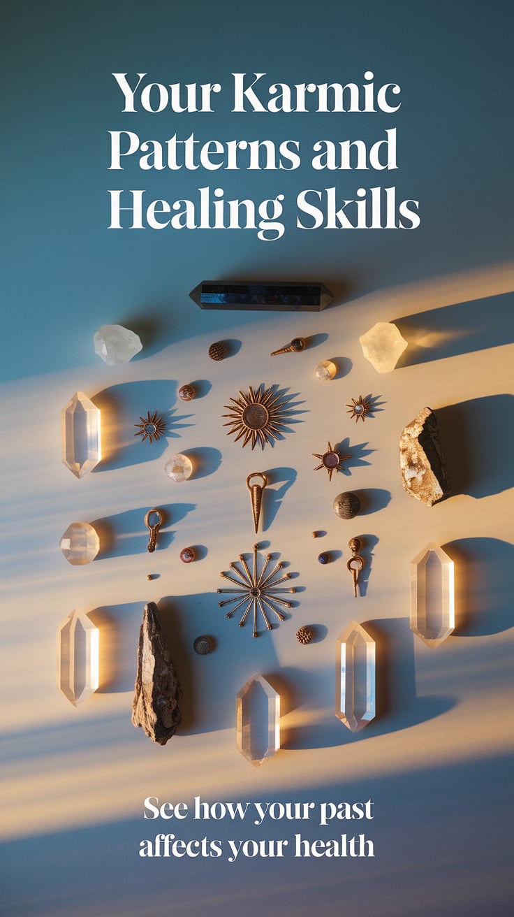 Your Karmic Patterns and Healing Skills ‘Your Karmic Patterns and Healing Skills’ — bold serif, top, gentle blue background, crystals and myth symbols; bottom caption: ‘See how your past affects your health’