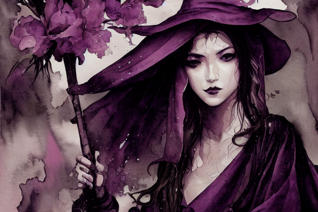 Witchy girl representing asteroid Fiala and its influence on spirituality and the occult. Asteroid Fiala and the occult. watercolor spiritual witch female wizard mystical beautiful woman, magical woman, gritty black and white with a romantic pop of "deep purple"