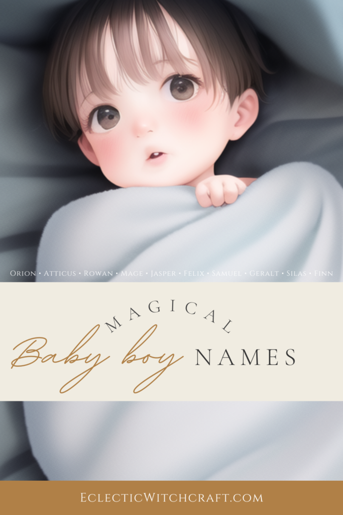 Baby boy wrapped in a blue gray blanket for a post about magical baby names for baby boys
