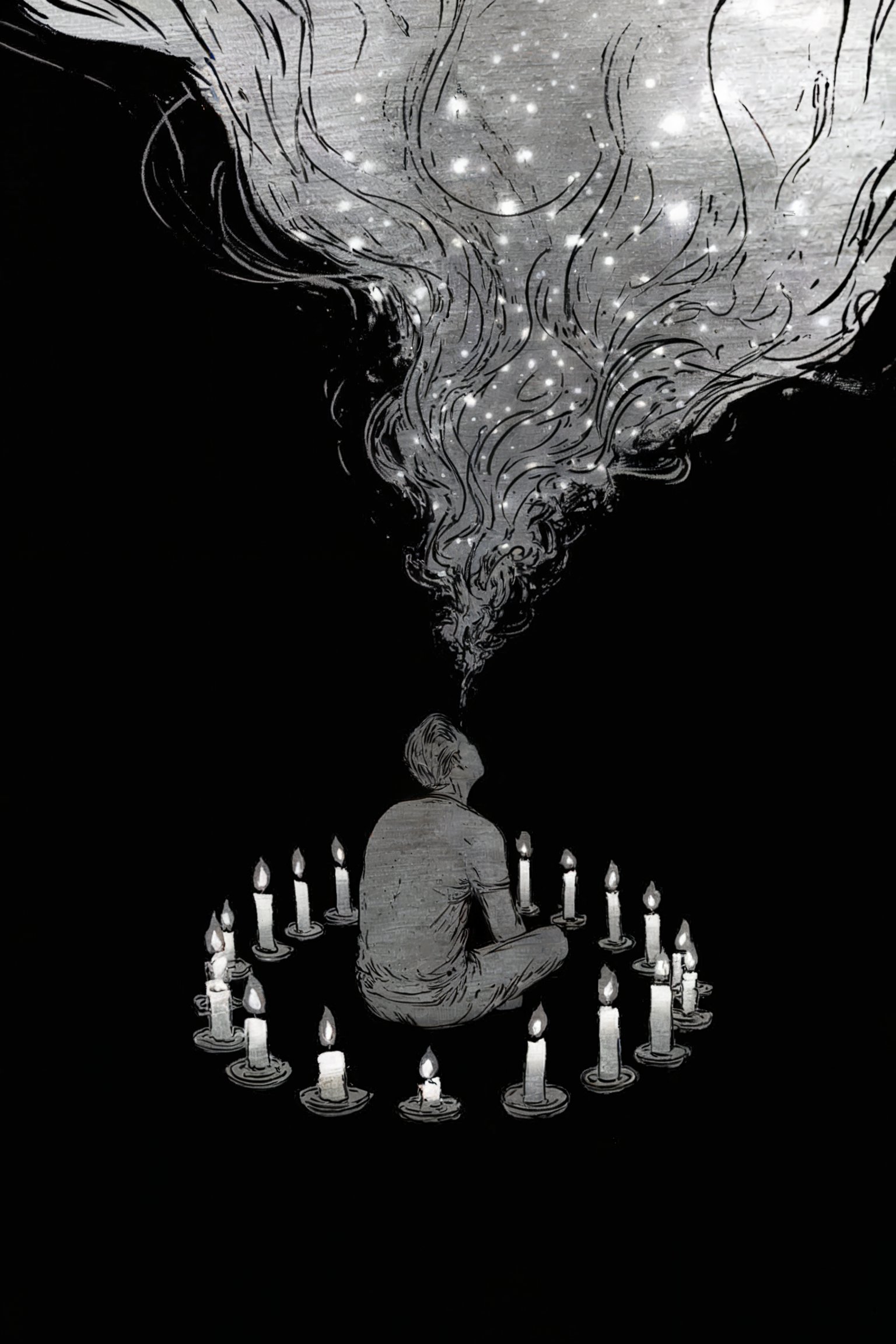 Meditating figure in candle circle shows vigil practice maintaining light through longest night by your effort alone