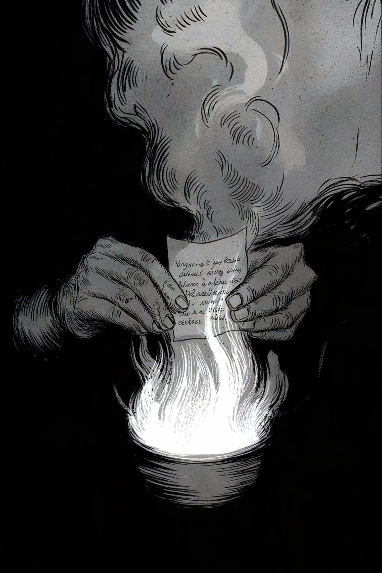 Hands burning paper over flame demonstrates post-solstice fire release practice transforming written obstacles to smoke