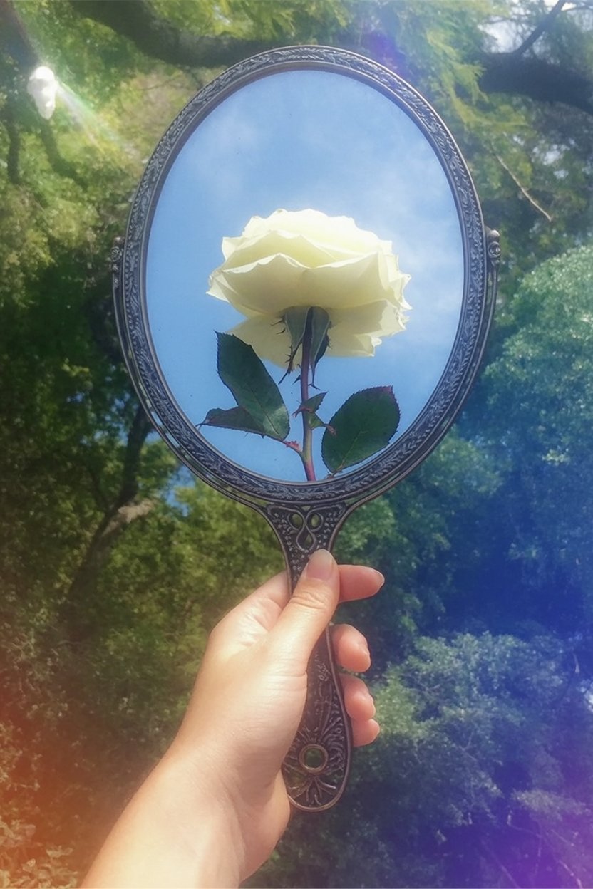 How to use mirrors for Aphrodite journal work on beauty and self perception Hand holding decorative mirror reflecting pale yellow rose shows how mirrors function as tools for beauty work in Aphrodite journal prompts about self-perception and receiving compliments.