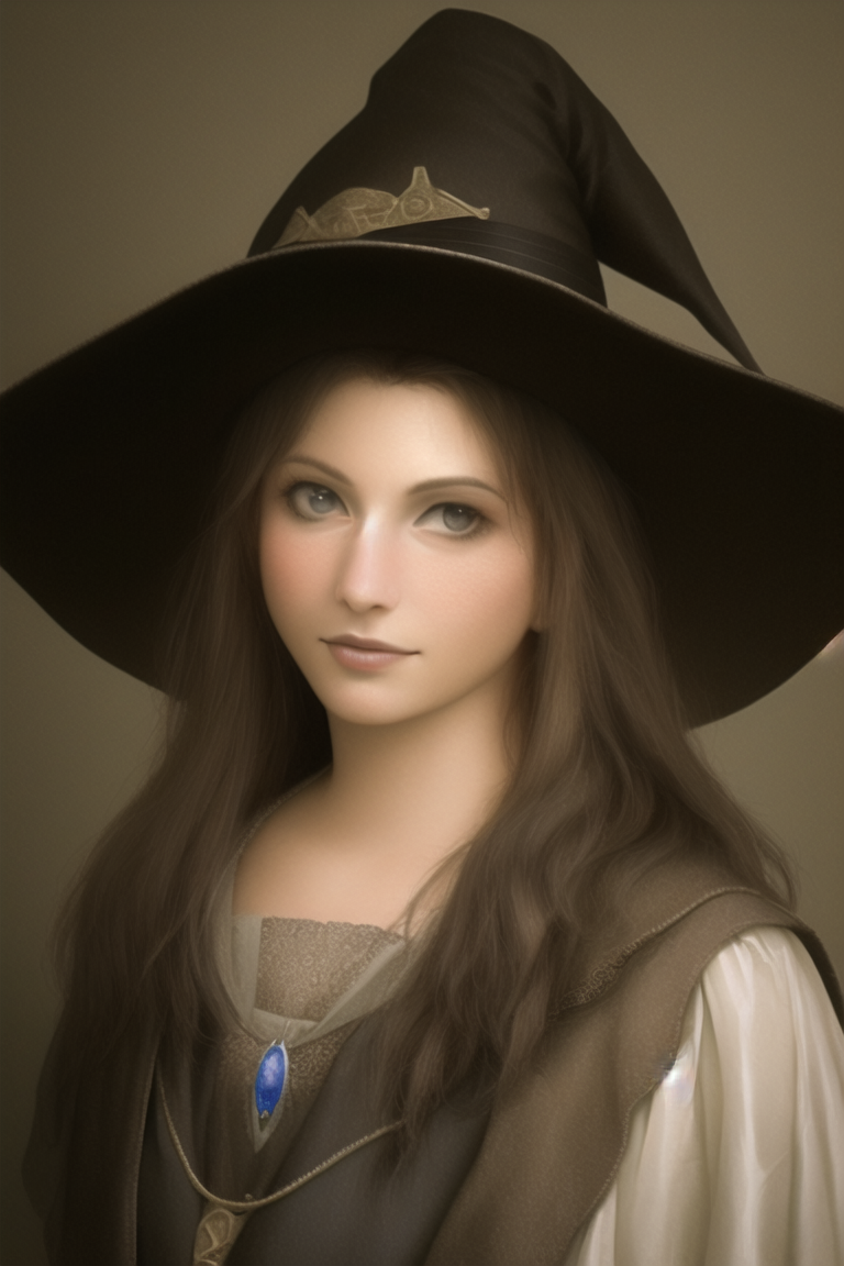 Brunette witch in a brown witch hat