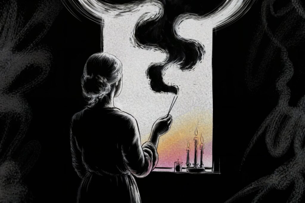 Silhouette lighting incense at sunset window captures solstice pivot moment choosing to create light despite darkness