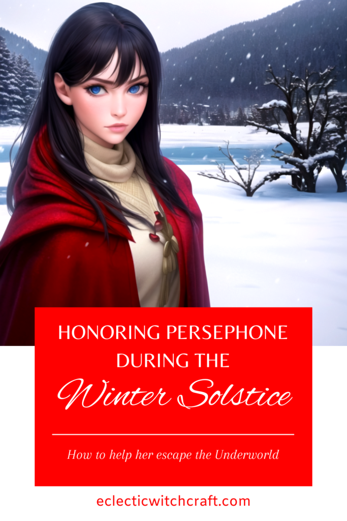 Persephone in winter snow illustration with red cloak