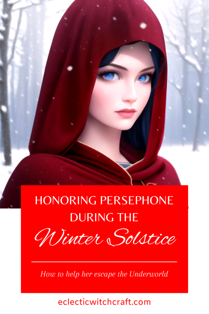 Persephone in winter snow illustration with red cloak