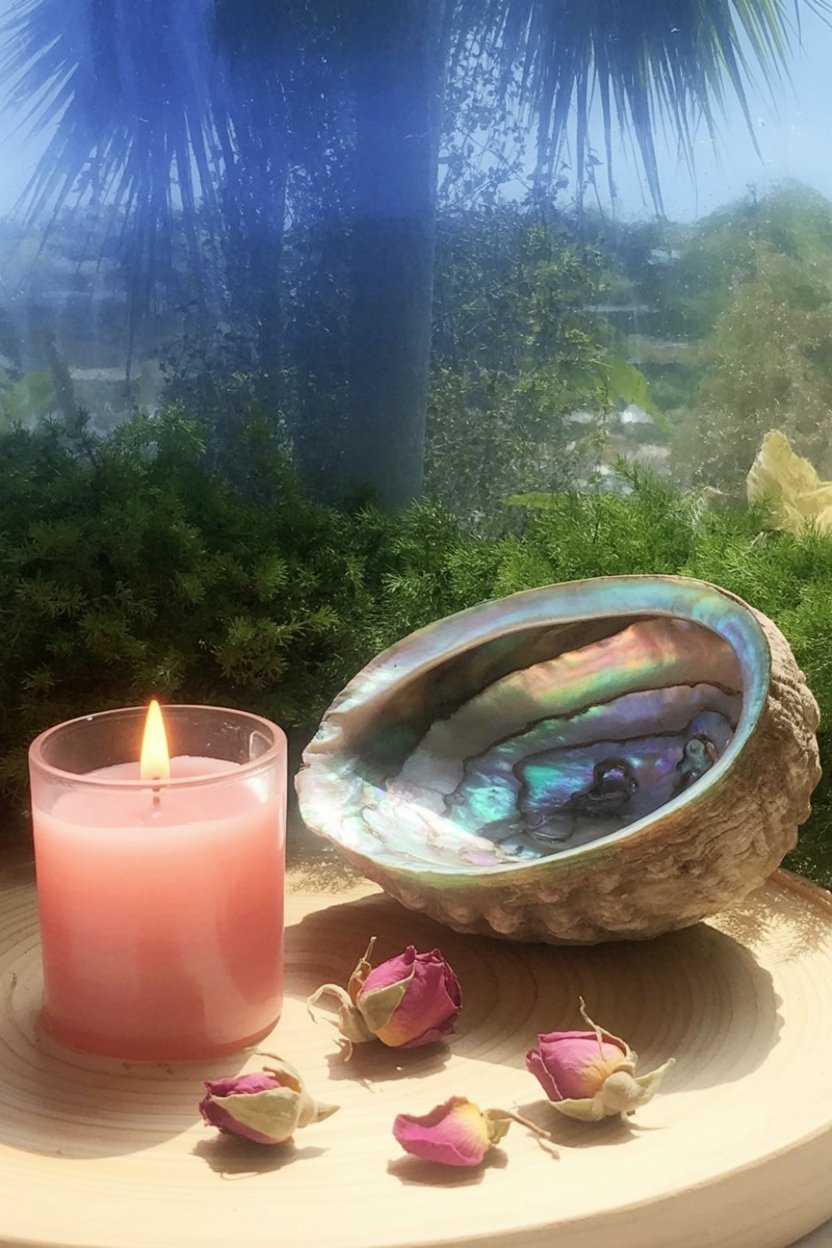 Simple Aphrodite altar setup with candle shell and roses you can make today Pink candle, rainbow abalone shell, and dried rose petals on wooden surface demonstrate beginner-friendly Aphrodite altar arrangement using affordable accessible items.