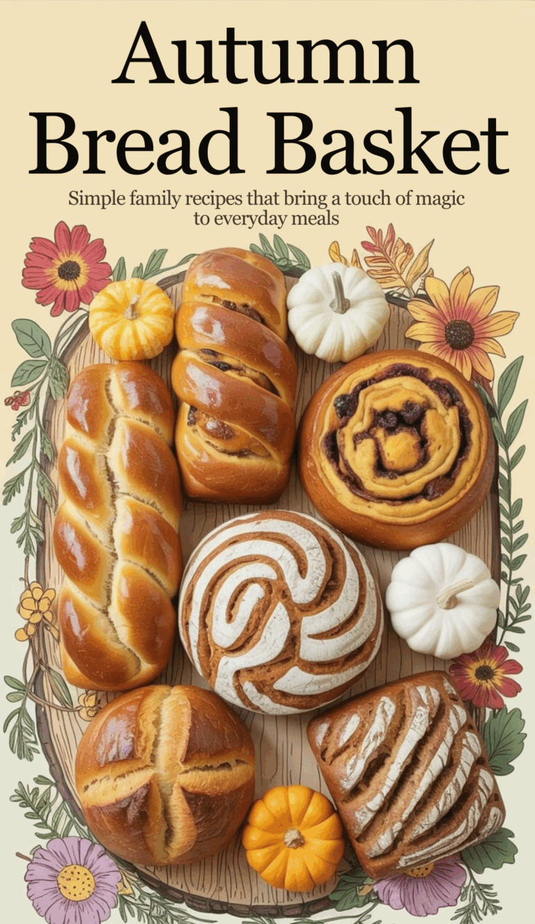 A collection of traditional autumn breads (honey twist, cinnamon swirl, spiced fruit loaf) arranged on a natural wood board with autumn flowers and mini pumpkins. Shot from above with soft natural lighting that highlights the golden crusts and varied textures. Bold text in a friendly, slightly playful font reads "AUTUMN BREAD BASKET" at the top with "Simple family recipes that bring a touch of magic to everyday meals" beneath.