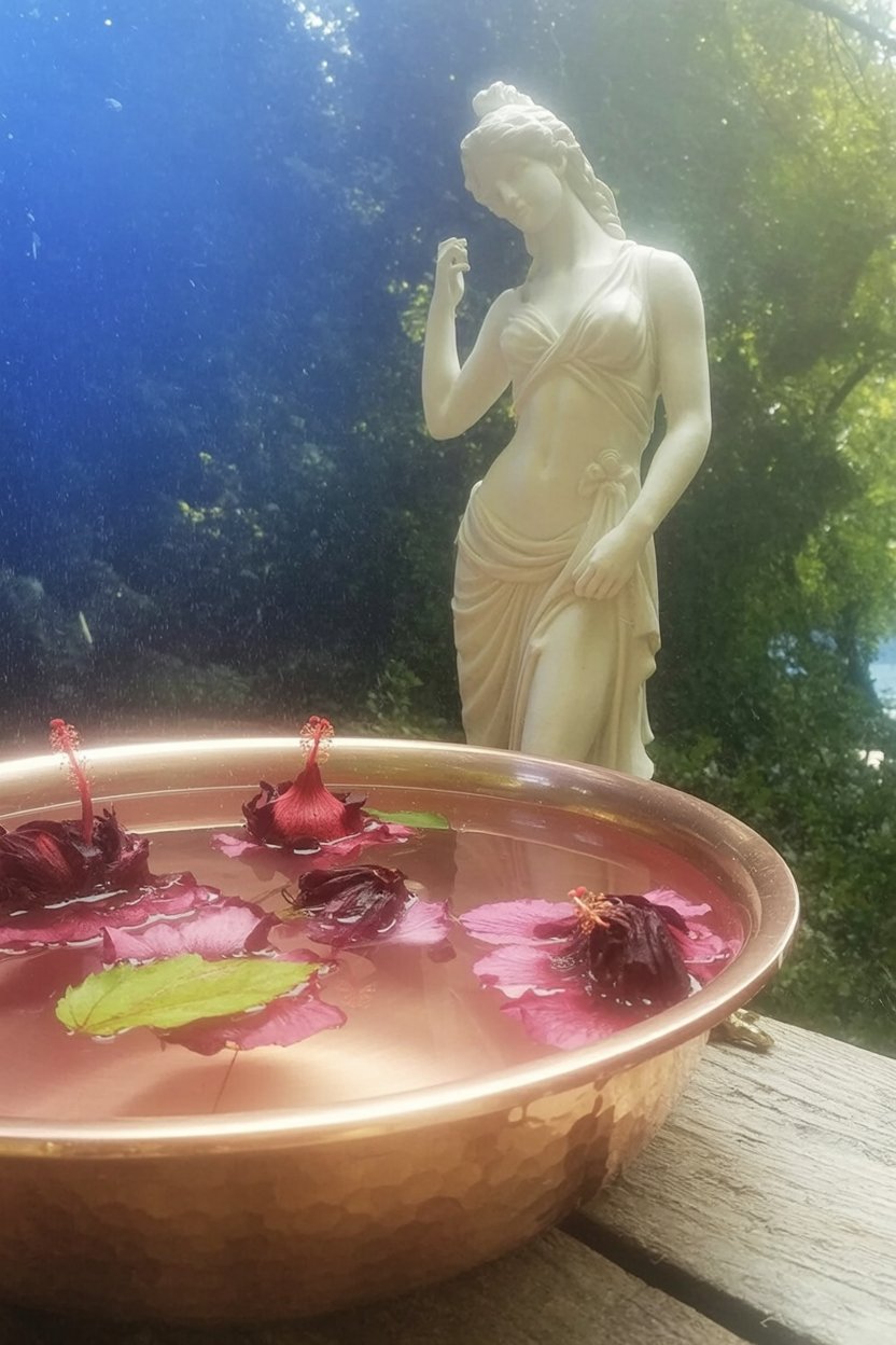 What ancient Greek Aphrodite worship looked like flowers water and statues Classical marble statue behind copper bowl with floating hibiscus flowers demonstrates how ancient Greeks used physical offerings in Aphrodite devotional practice, connecting modern journal work to historical tradition.
