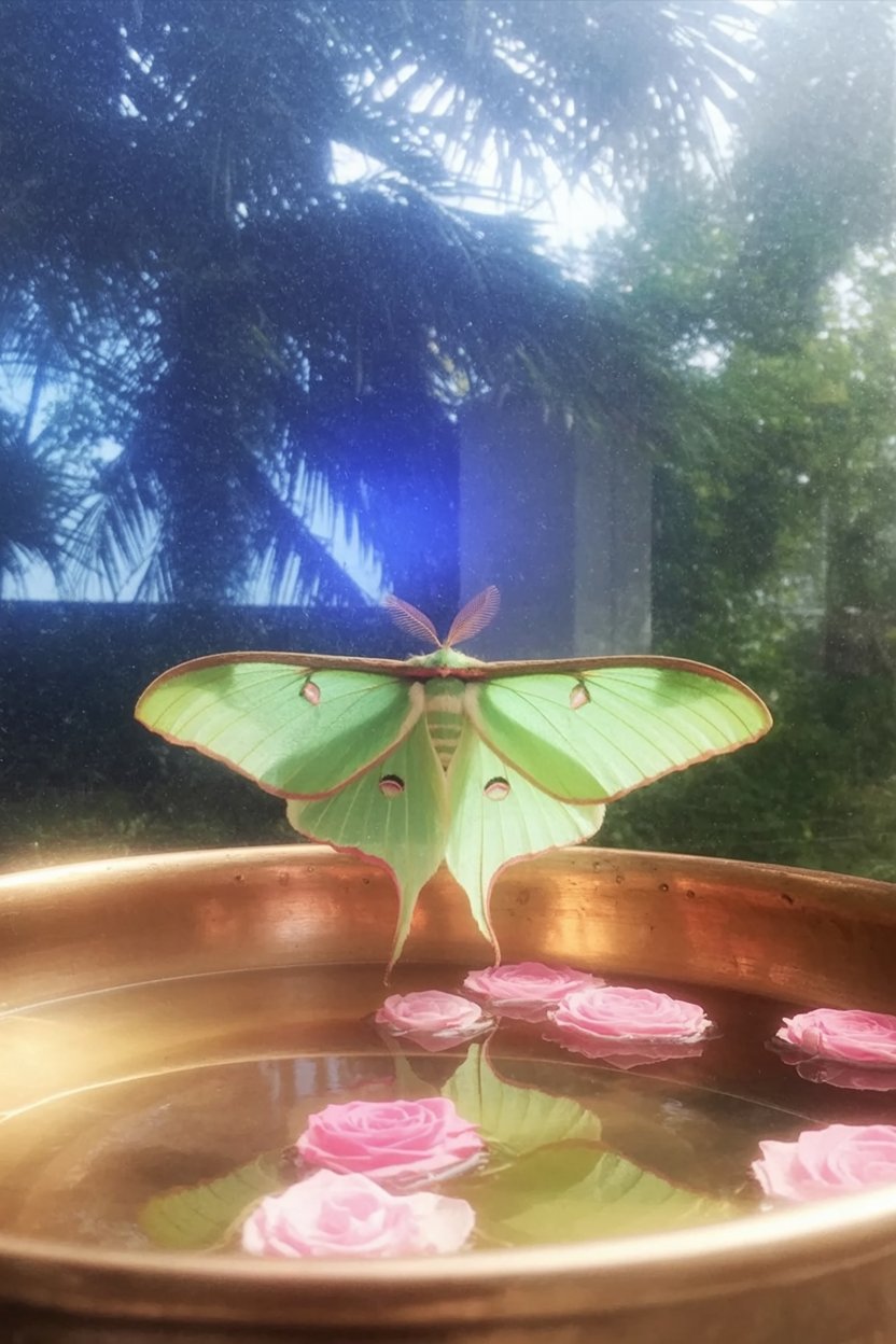Why copper bowls work for Aphrodite water offerings and Venus magic Luna moth on hammered copper bowl filled with water and floating pink roses demonstrates Venus metal correspondence for Aphrodite offering vessels and transformation work.
