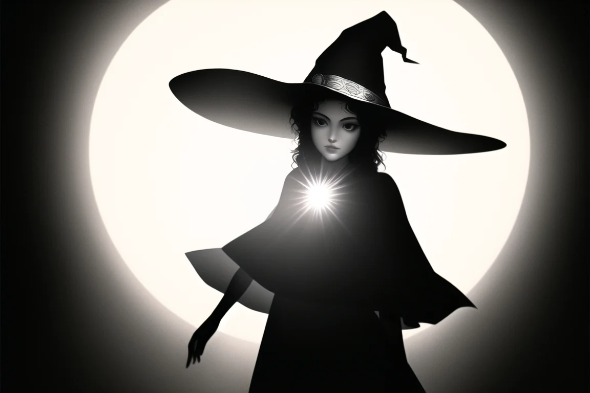 Solar witch in front of the sun, big witch hat, wearing gloves and a cape, solar pendant glowing on her chest