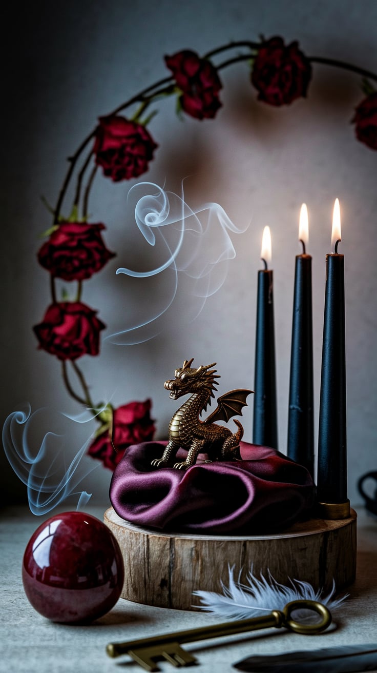 Personal altar for demonolatry featuring symbolic items for Bune including dragon imagery, coins, honey, and ritual candles.