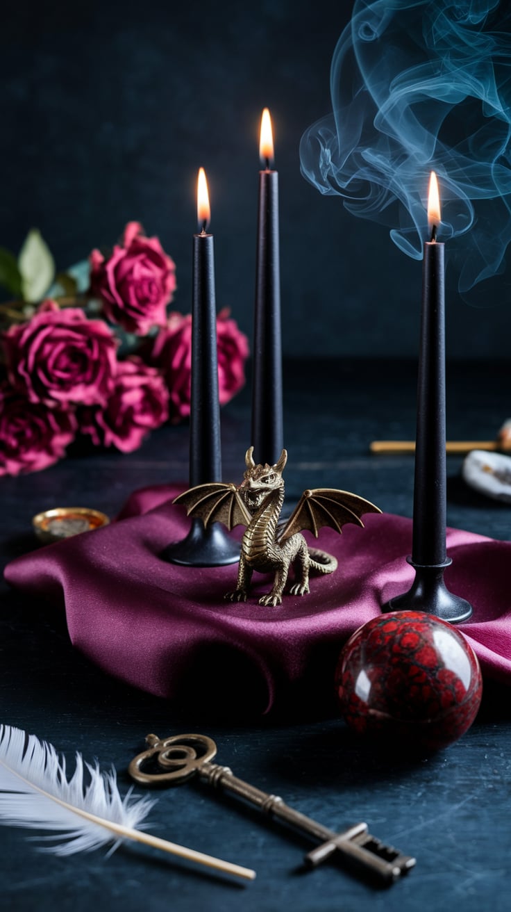 Atmospheric altar dedicated to demon Bune featuring dragon figurine, red cloth, black candles, and offerings for wealth and wisdom work.