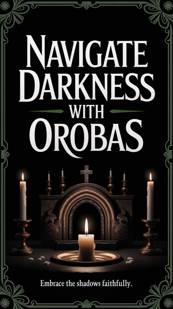 ‘Navigate Darkness With Orobas’ — mysterious, high-contrast font, deep greens and blacks, shadowy altar, flickering candle; bottom caption: ‘Embrace the shadows faithfully’