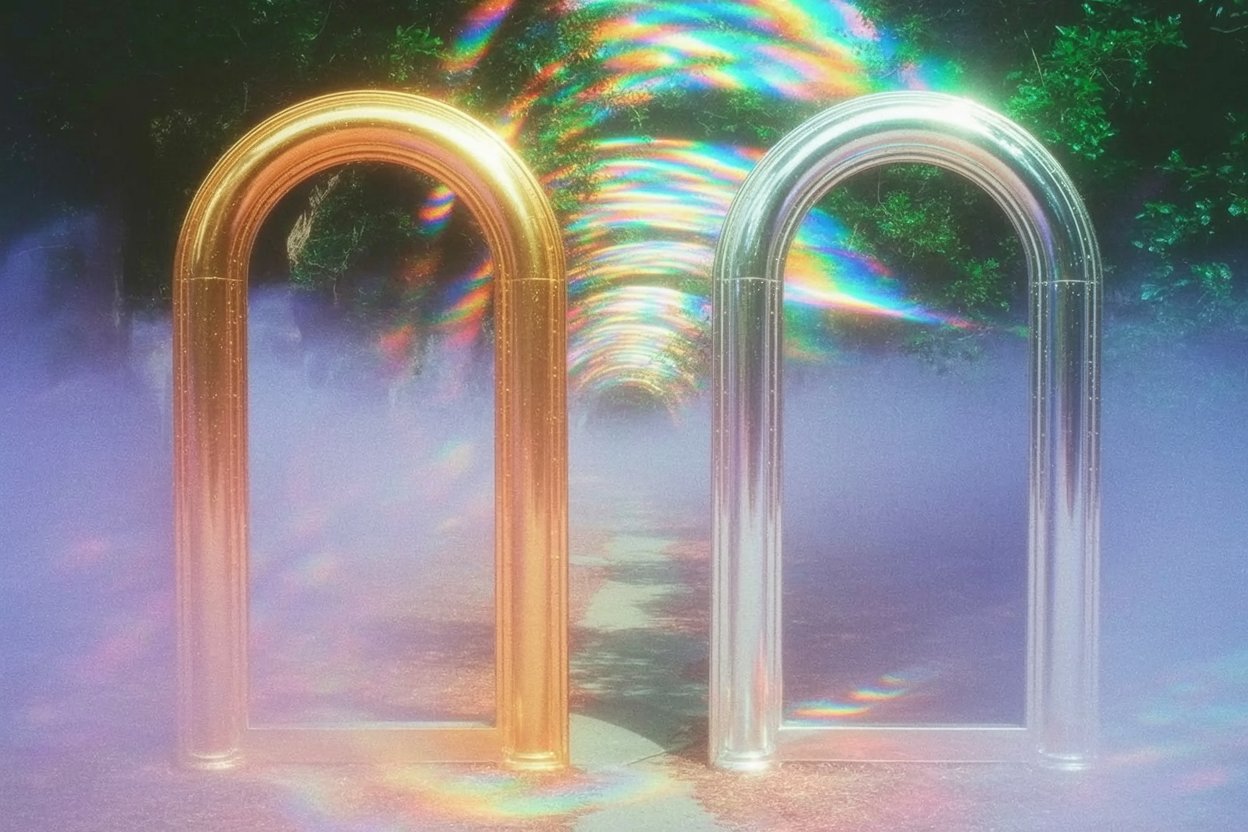 1010 means two tens mirror each other with infinite reflection between them Gold and silver archways face each other in violet mist with rainbow spiral between showing bilateral symmetry