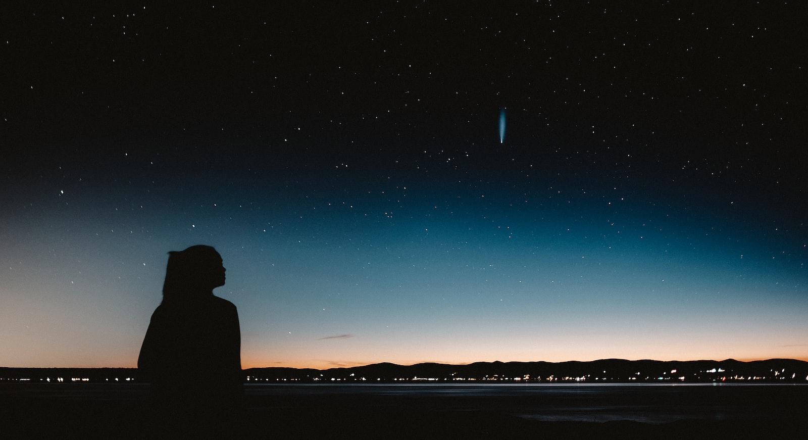 silhouette of man standing near body of water during night time