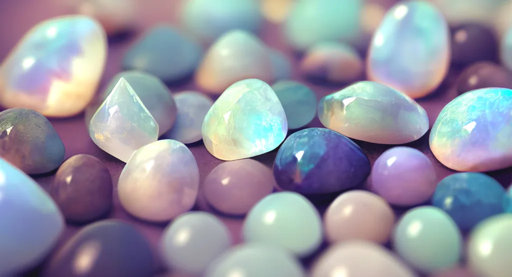 Pile of moonstones with rainbow inclusions