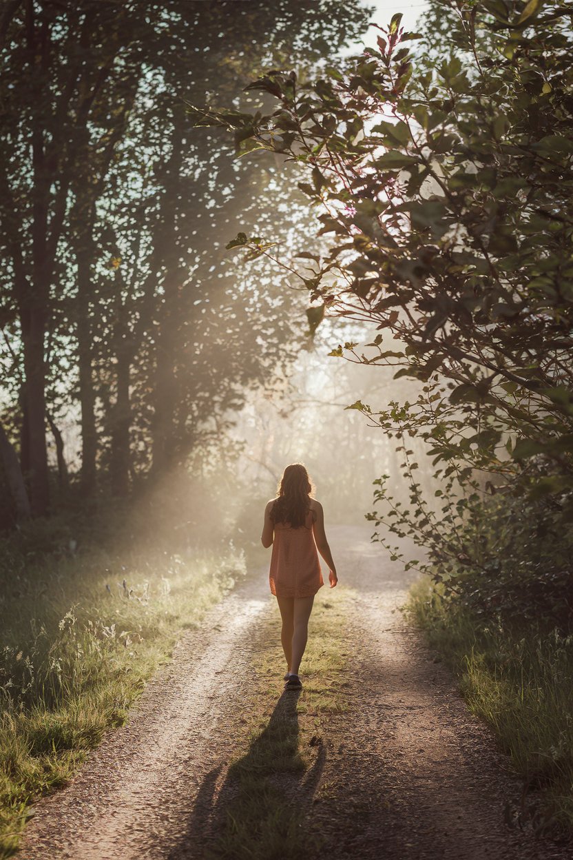 need for space and natural reflection Abstract depiction of a person walking through a peaceful forest path, with sunlight filtering through trees, representing her need for space and natural reflection. Visual cue: earthy tones, feminine, soul-nurturing vibe