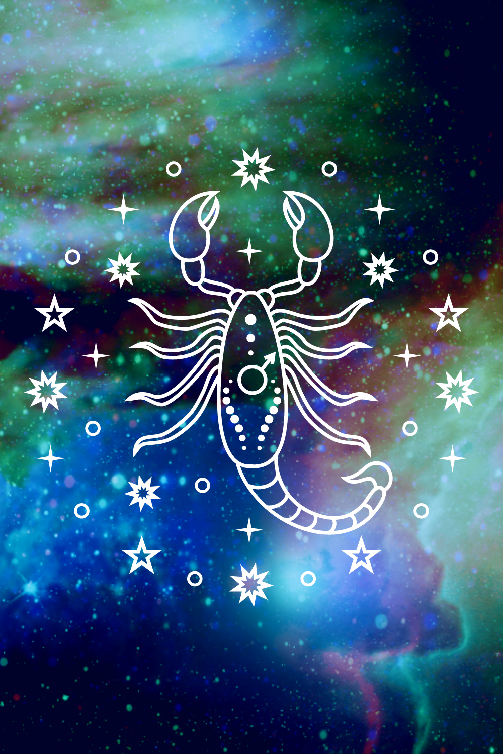 Watercolor space background. Illustration of a scorpion with the sign of mars and stars.
