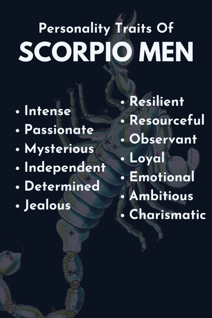Watercolor image of a scorpion. Infographic about the personality traits of Scorpio men.