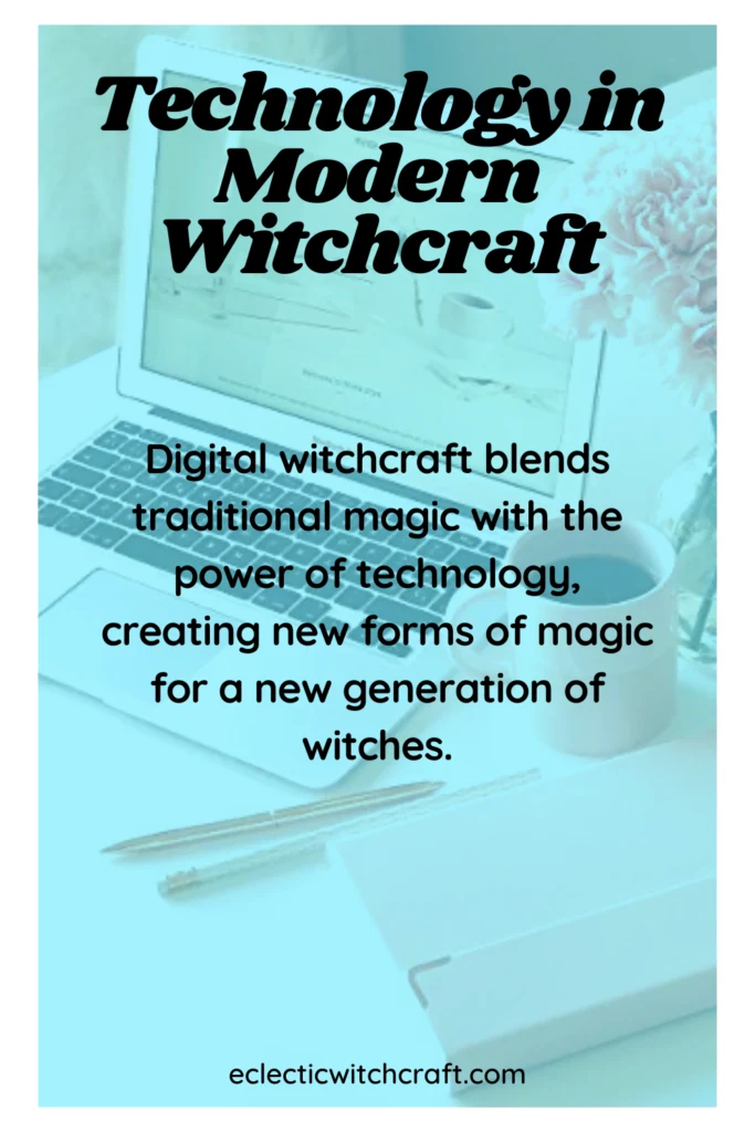 Technology in witchcraft. Aesthetic photo of laptop.
