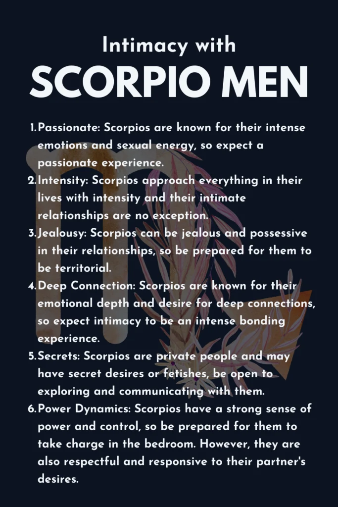 Watercolor gold and pink image of the sign of Scorpio. Infographic about intimacy with Scorpio men.