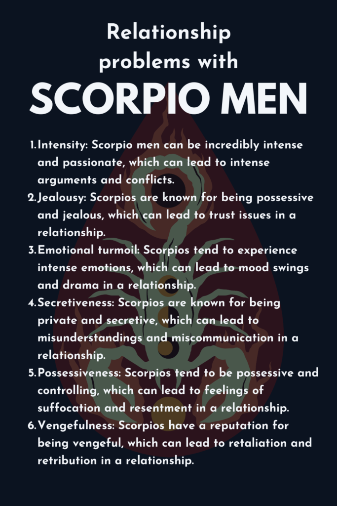 Illustration of a scorpion and moon phases. Infographic about relationship problems with Scorpio men.
