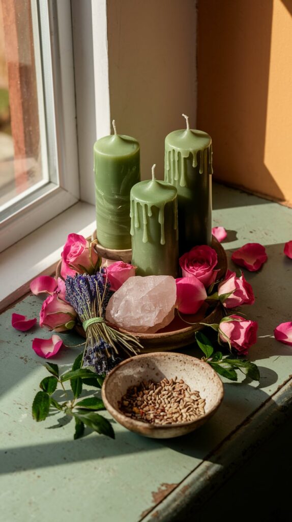 Beltane and fertility magick A serene setting by a window. There are three cylindrical green candles with dripping wax, placed on a wooden tray. Adjacent to the candles are vibrant pink roses and a bundle of lavender. A small bowl filled with seeds sits beside the tray. The backdrop is a warm orange wall, and the scene is illuminated by natural sunlight streaming in from the window.